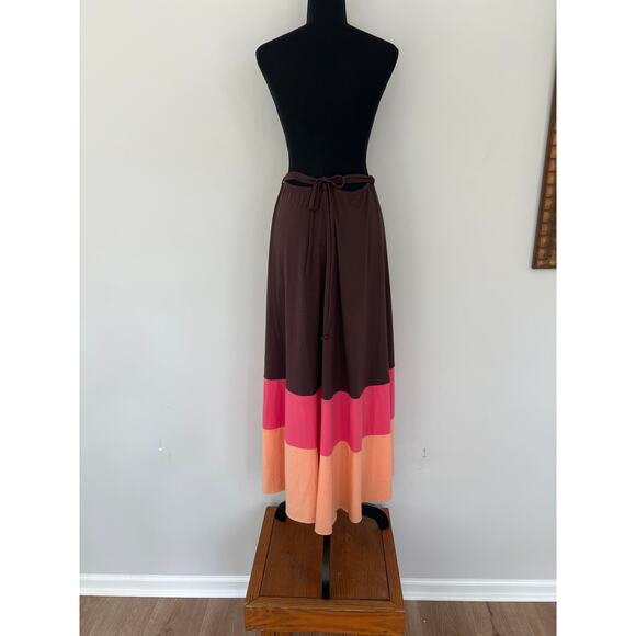 Vintage bebe Sz Medium Wrap Maxi Skirt/Dress Brown Pink Orange Block Stripe - Picture 6 of 9